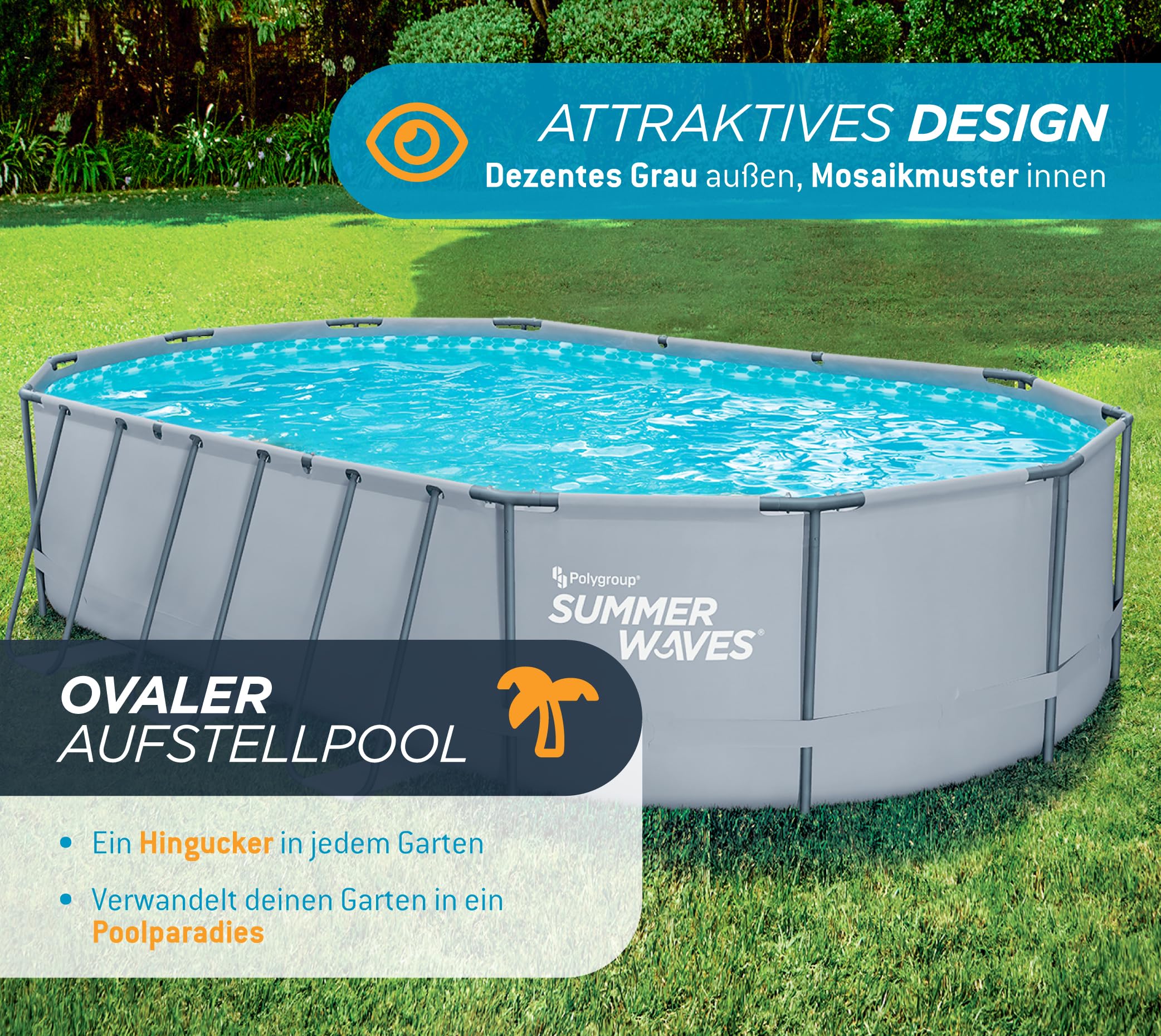 Summer Waves Frame Pool Komplettset | Oval 610x366x122 cm Grau | Aufstellpool Set | Gartenpool & Schwimmbecken inkl. Filterpumpe, Filterkartusche, Bodenvlies, Abdeckplane & Einstiegsleiter