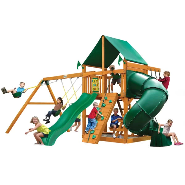 Gorilla Playsets Mountaineer Wooden Swing Set with Green Vinyl Canopy, Extreme Tube Slide, and Rock Climbing Wall