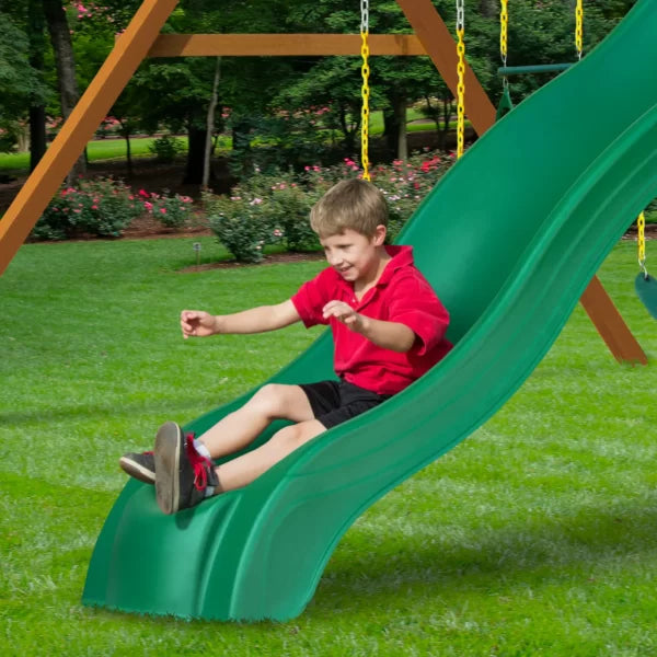 Gorilla Playsets Mountaineer Wooden Swing Set with Green Vinyl Canopy, Extreme Tube Slide, and Rock Climbing Wall