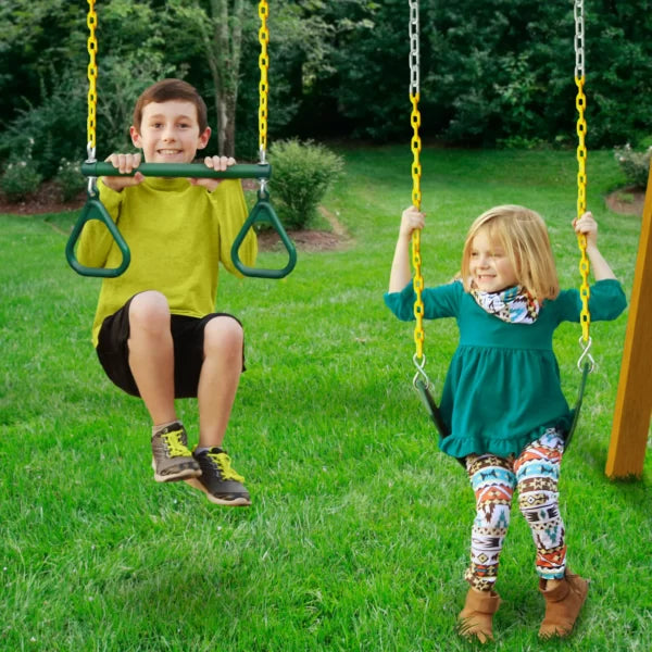 Gorilla Playsets Mountaineer Wooden Swing Set with Green Vinyl Canopy, Extreme Tube Slide, and Rock Climbing Wall