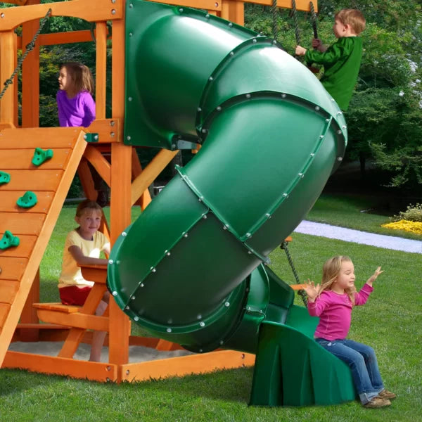 Gorilla Playsets Mountaineer Wooden Swing Set with Green Vinyl Canopy, Extreme Tube Slide, and Rock Climbing Wall