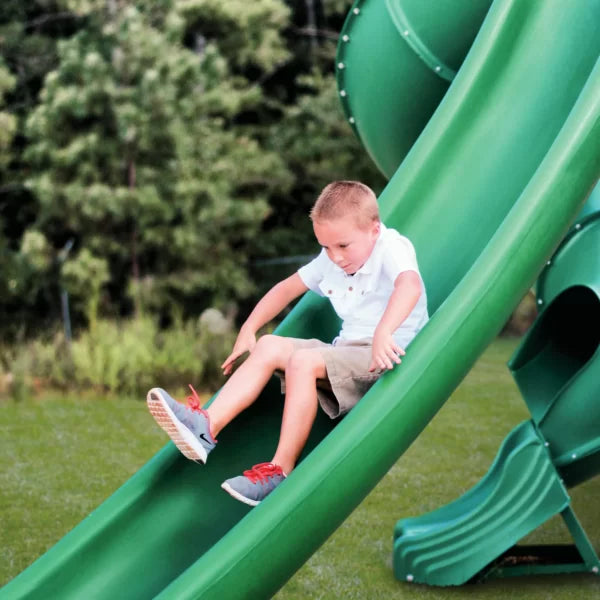 Gorilla Playsets Treasure Trove II Wooden Swing Set with 3 Slides, Clatter Bridge and Tower, and Rock Climbing Wall